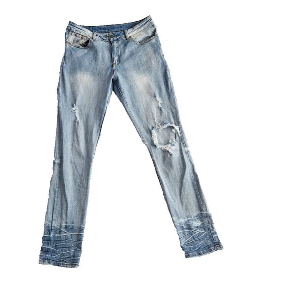 Rue21 Premium Jeans Men's 32x34 Straight Blue Distressed Blocked Stretch 70829 - Picture 1 of 16